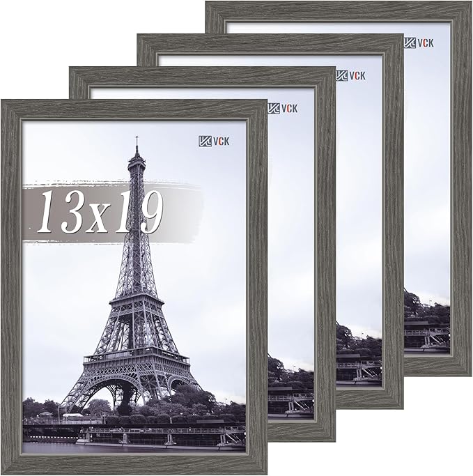VCK 13x19 Picture Frame Set of 4 - Grey, Gallery-Quality Wood Poster Frames, 1.1-Inch Wide Border, Polished Plexiglass, Vertical or Horizontal Wall Display for Photo/Art/Prints, Grey