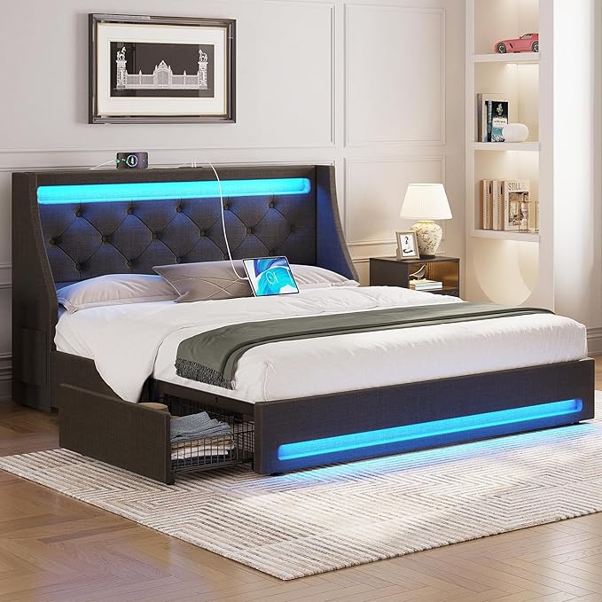 Rolanstar Full Bed Frame with LED Lights and Charging Station, Upholstered Bed with Drawers, Wooden Slats, Noise Free, Easy Assembly, Dark Gray