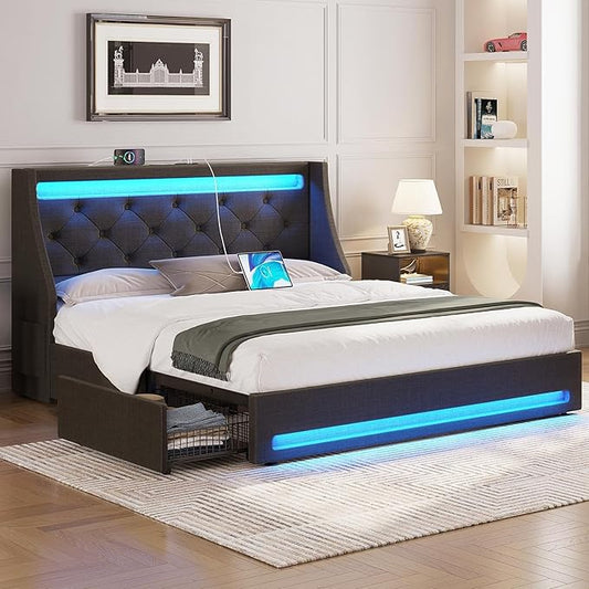 Rolanstar Full Bed Frame with LED Lights and Charging Station, Upholstered Bed with Drawers, Wooden Slats, Noise Free, Easy Assembly, Dark Gray