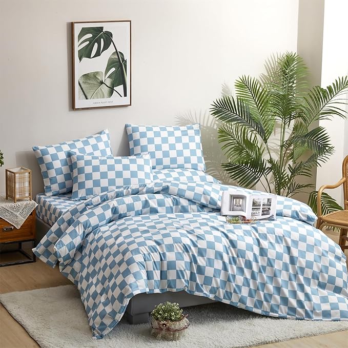 Blue and White Checkered Comforter Set Twin Comforter Set Lightweight Twin Bedding Set 3 Pieces Includes 1 Checkered Comforter (68"x90") and 2 Pillowcases (20"x26")