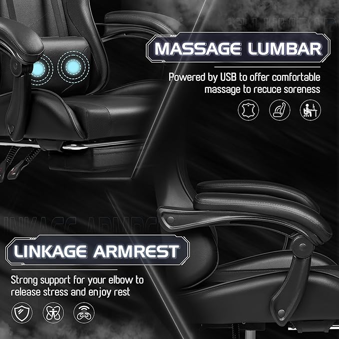 Homall Gaming Chair, Video Game Chair with Footrest and Massage Lumbar Support, Ergonomic Computer Chair Height Adjustable with Swivel Seat and Headrest (Dark Black)