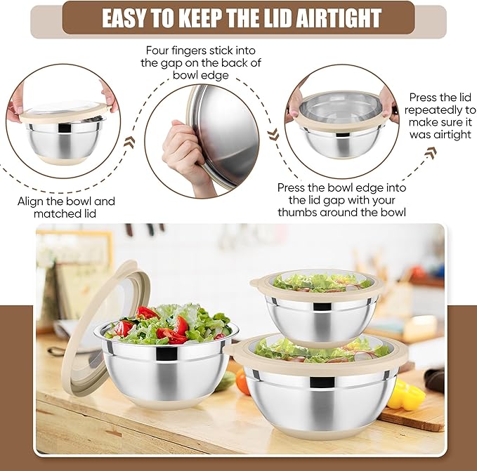 P&P CHEF Khaki Mixing Bowls Set of 6, Stainless Steel Mixing Bowl with Visible Lids for Salad, Metal Nesting Serving Bowls for Kitchen Cooking Prepping Storing Food, 4.6/3.5/2.6/2/1.5/1 QT