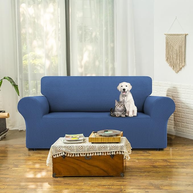 LURKA Stretch Loveseat Sofa Slipcovers 1 Piece Couch Covers for Sofa Furniture Protector Full Sofa Covers with Elastic Bottom for Kids and Dog (Blue, Medium)