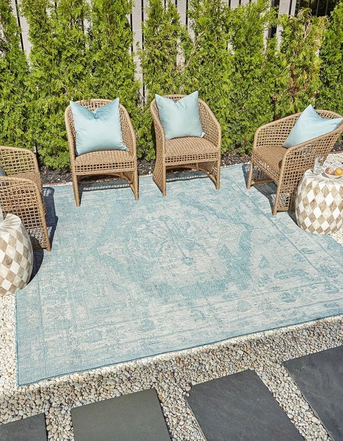 Unique Loom Outdoor Traditional Collection Area Rug - Valeria (10' Square, Aqua/ Ivory)