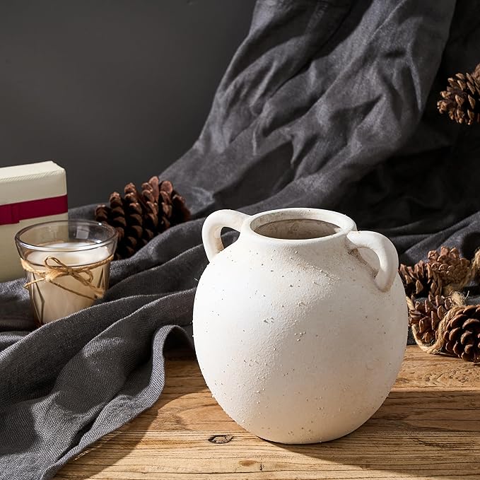 Ceramic Vase, 5.8 Inch Terracotta Vase with Handles, Boho Decor Decorative Vase, Rustic Vase for Home Decor, Farmhouse, Living Room, Table - Beige