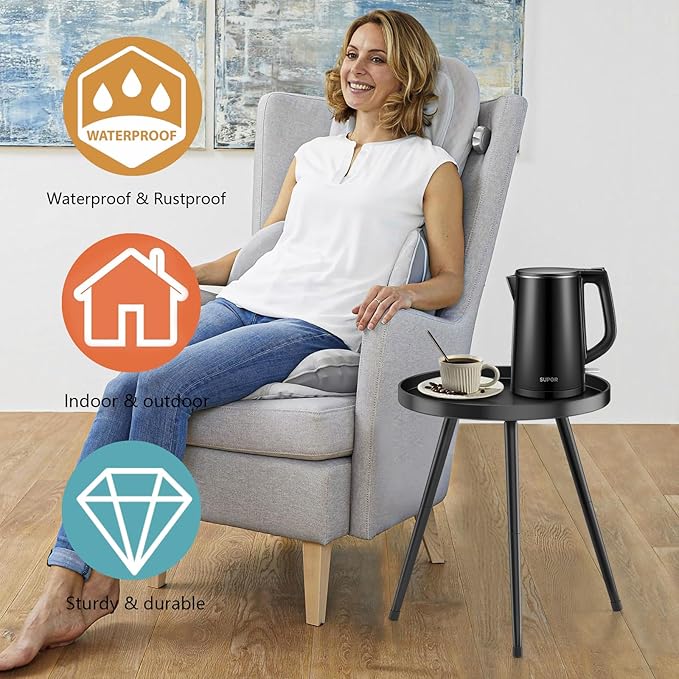 Stylish Round End Table - Small Side Table, Mini Metal Bedside Table for Living Room, Bedroom, Sofa Side - Modern Black Decor for Small Spaces