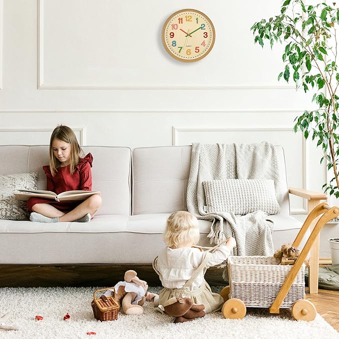 Foxtop Silent Kids Wall Clock Non-Ticking Battery Operated Colorful Childrens Clock for Classroom Playroom Nursery Bedrooms Kids Room (3D Numbers, 12 inch)