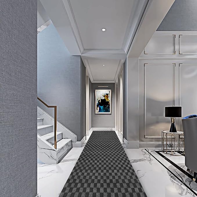 2' x 50' Runner Rugs with Rubber Backing, Indoor Outdoor Utility Carpet Runner Rugs, Checkered Gray, Can Be Used as Aisle for The RV and Boat, Laundry Room and Balcony