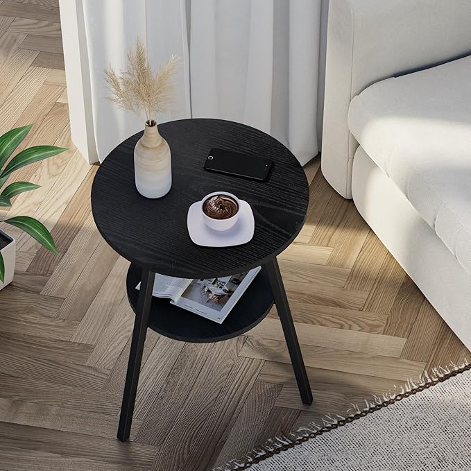 INHABIT UNION Round Side Table 2 Tier End Table Small Accent Table Black Sofa Table for Living Room/Bedroom, with Wooden Boards Storage