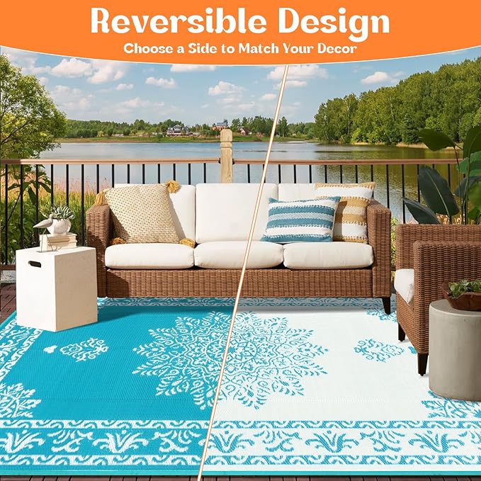 Yamaziot Outdoor Rug 9x12 Ft, Waterproof Plastic Straw Patio Rug, Reversible Backyard Carpet UV Resistant Portable RV Mat Clearance, Large Indoor Outdoor Rug for Patio, Porch, Deck, Balcony, Teal