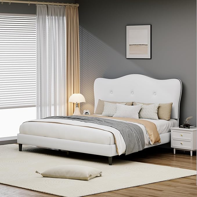 Queen Size Bed Frame, Upholstered Bed Frame with Headboard, Platform Bed Frame with Wood Slats Support, No Box Spring Needed, Adjustable Height Headboard, White