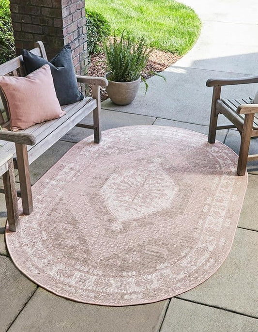 Unique Loom Outdoor Traditional Collection Area Rug - Valeria (3' 3" x 5' 3" Oval, Pink/ Ivory)