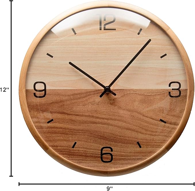 Driini Analog Dome Glass Wall Clock (12") - Pine Wood Frame with Two-Tone Wooden Face - Battery Operated with Silent Movement - Large Decorative Clocks for Classroom, Office, Living Room, or Bedrooms.