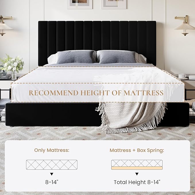 SHA CERLIN King Size Platform Bed Frame with 4 Storage Drawers, Vertical Channel Tufted Adjustable Headboard, Velvet Upholstered, Wooden Slats Support, No Box Spring Needed, Easy Assembly, Black