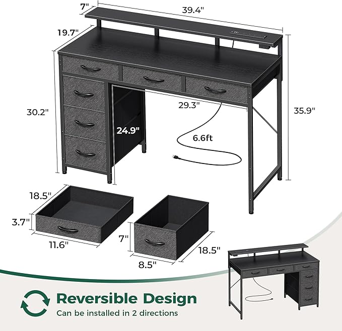 Huuger Gaming Desk with 6 Drawers, Computer Desk with LED Lights Power Outlets and Type-C, 39 Inch Office Desk with Storage, Monitor Stand, Writing Desk Work Desk Home Office, Bedroom, Study, Black