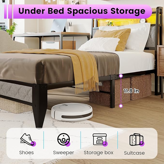 Winkalon Twin Led Bed Frame with Headboard, Bed Frame with Charging Station, Metal Platform Bed Frame Twin Size No Box Spring Needed, Modern Wood Upholstered Headboard and Under Bed Storage