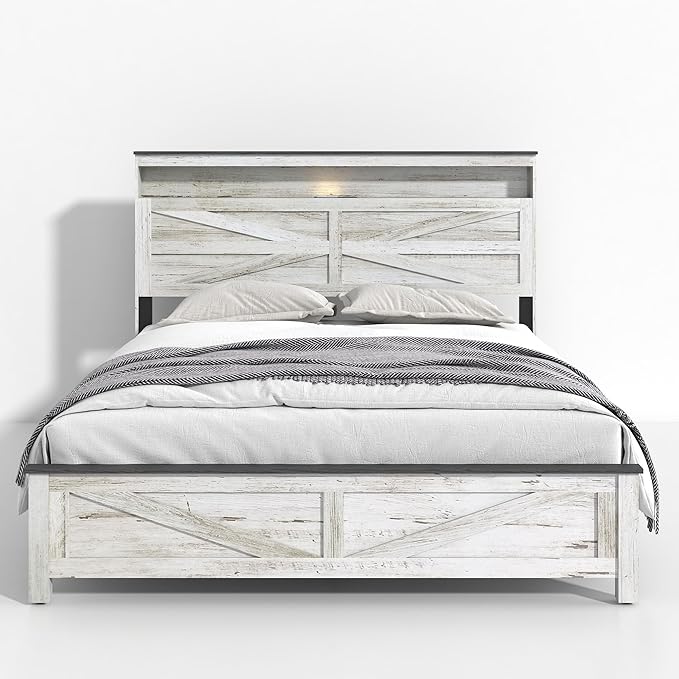 Farmhouse Wooden Bed Frame Queen Size with Storage Headboard, Boho Platform Bedframe with LED Lights and Charging Station, Metal Slats Support, No Box Spring Needed, White