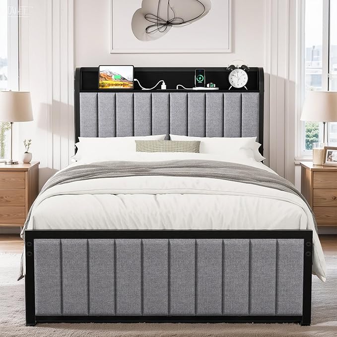 VECELO Twin Bed Frame with Headboard, Upholstered Platform Bedframe, Heavy Duty Metal Slats, No Box Spring Needed, Easy Assembly, Linen Grey