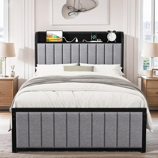 VECELO Twin Bed Frame with Headboard, Upholstered Platform Bedframe, Heavy Duty Metal Slats, No Box Spring Needed, Easy Assembly, Linen Grey