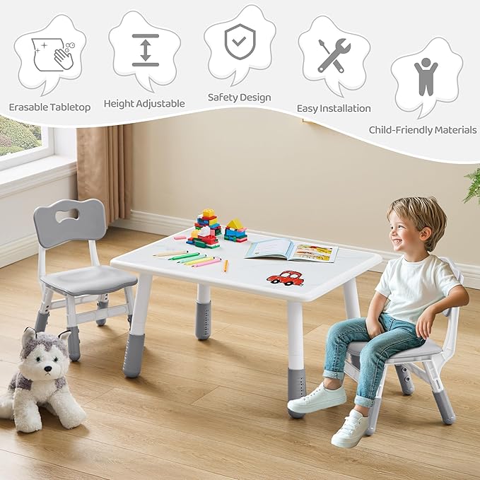 Toddler Table and 2 Chairs Set, Height Adjustable Kids Table and Chairs, 31.5''L x 23.6''W, Marble Pattern & Graffiti Desktop, Children Multi-Activity Table for Home/Daycare/Classroom