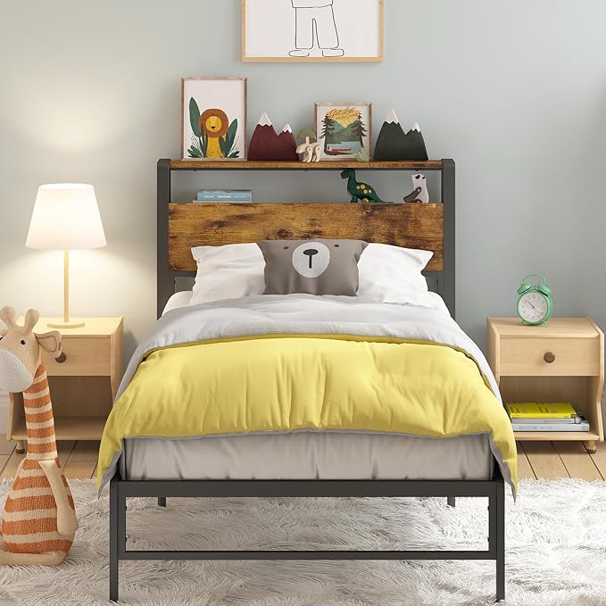 Weehom Twin Bed Frames for Kids, Twin Size Bed with 2 Tiers Wood Shelves Headboard Under Bed Storage Space No Box Spring Needed Heavy Duty Metal Plaform, Brown