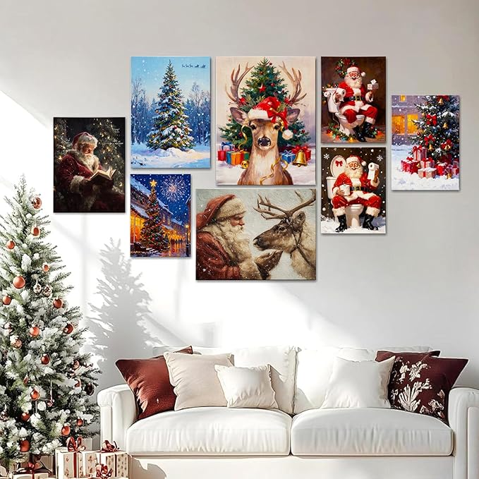 Vintage Reindeer Christmas Canvas Wall Art - Rustic Winter Deer in Snow Forest Framed Print, Cozy Christmas Wall Decor for Living Room, Unique Christmas Gifts & Festive Decorations