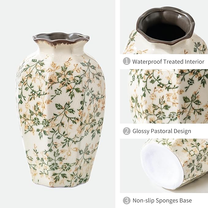Vintage Pastoral Octagonal Vase, Green and Beige Retro Ceramic Flower Vase, Rustic Farmhouse Vases Chinoiserie Floral Large Vase for Home Decor, Living Room, Kitchen, Bedroom and Shelf 9.1 Inch