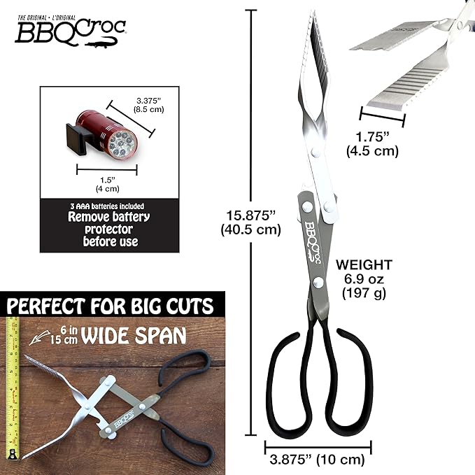BBQ Croc 3 in 1 Barbecue Tool 15-inch with Flashlight - Extra Light Tongs, Spatula and Grill Scraper (Green)