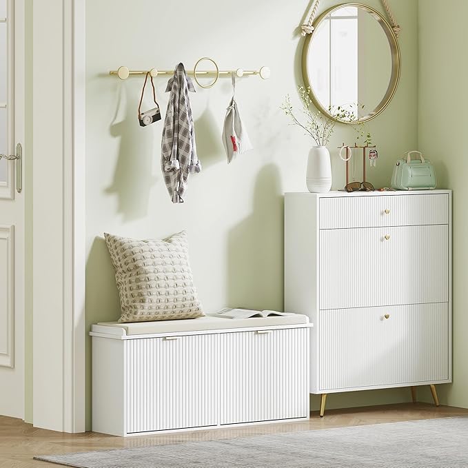 HOMCOM Shoe Bench with Padded Seat Cushion and 2 Flip-Drawers, Entryway Bench Holds up to 529lb, Shoe Cabinet, 40.9x10.2x18.7 Inches, White