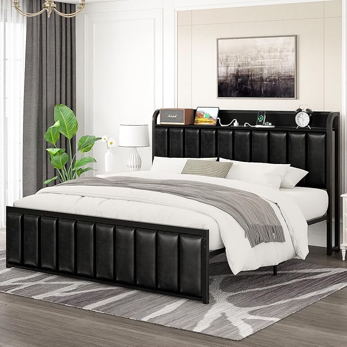 VECELO Bed Frame Full Size with Headboard, Upholstered Platform Bedframe, Heavy Duty Metal Slats, No Box Spring Needed, Easy Assembly, Classic Black
