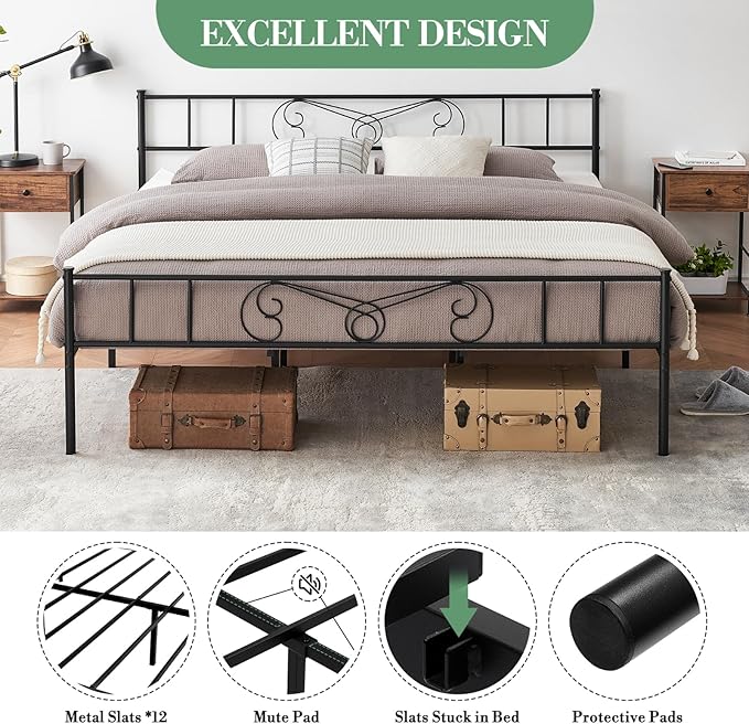 Metal Platform Bed Frame with Headboard & Footboard, Steel Slats Mattress Foundation No Box Spring Needed, 800Lbs Capacity, Noise-Free