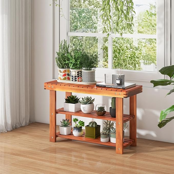 Tangkula Acacia Wood Shoe Rack Bench, 3 Tier Sturdy Storage Organizer, Holds up to 180lbs for Entryway Bedroom Living Room Balcony, Teak Color (27.5-inch)