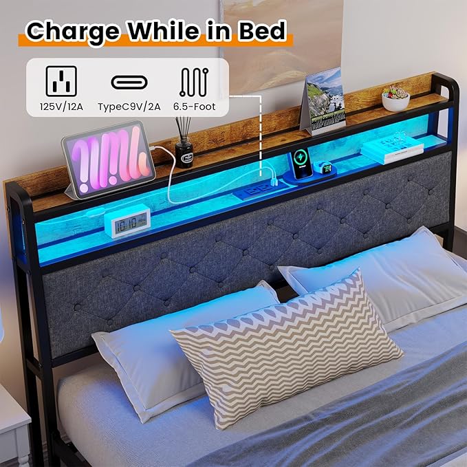 Winkalon Queen Bed Frame with Headboard, Bed Frame with Charging Station, Metal Platform Bed Frame Queen Size No Box Spring Needed, Modern Wood Upholstered Headboard and Under Bed Storage