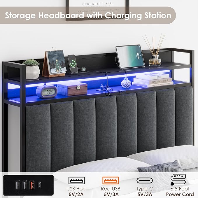 Keyluv Queen Bed Frame with Storage Headboard & 2 Drawers, Upholstered LED Platform Bed with Charging Station & Bedside Storage Rack, Metal Slat Support, No Box Spring Needed, Linen Fabric, Black