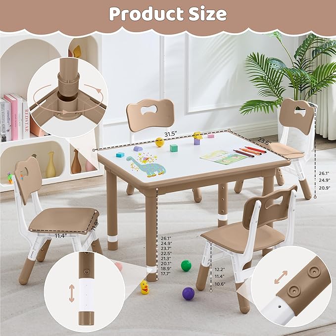 Kids Table and 4 Chairs Set, Height Adjustable (17.7"-26.1") Toddler Table and Chair Set, Multi-Activity Table with Graffiti Desktop, Children’s Table and Chairs for Classroom, Home & Daycare