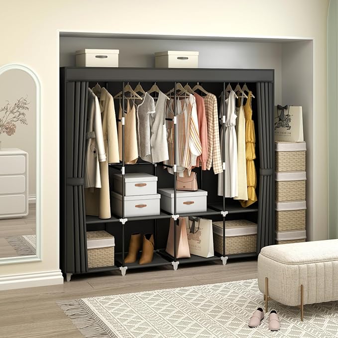 Portable Closet Wardrobe, 67-Inch Clothes Organizer with 4 Hanging Rods and 8 Shelves, Non-Woven Fabric Cover, Large Capacity Storage for Bedroom and Living Room, Black
