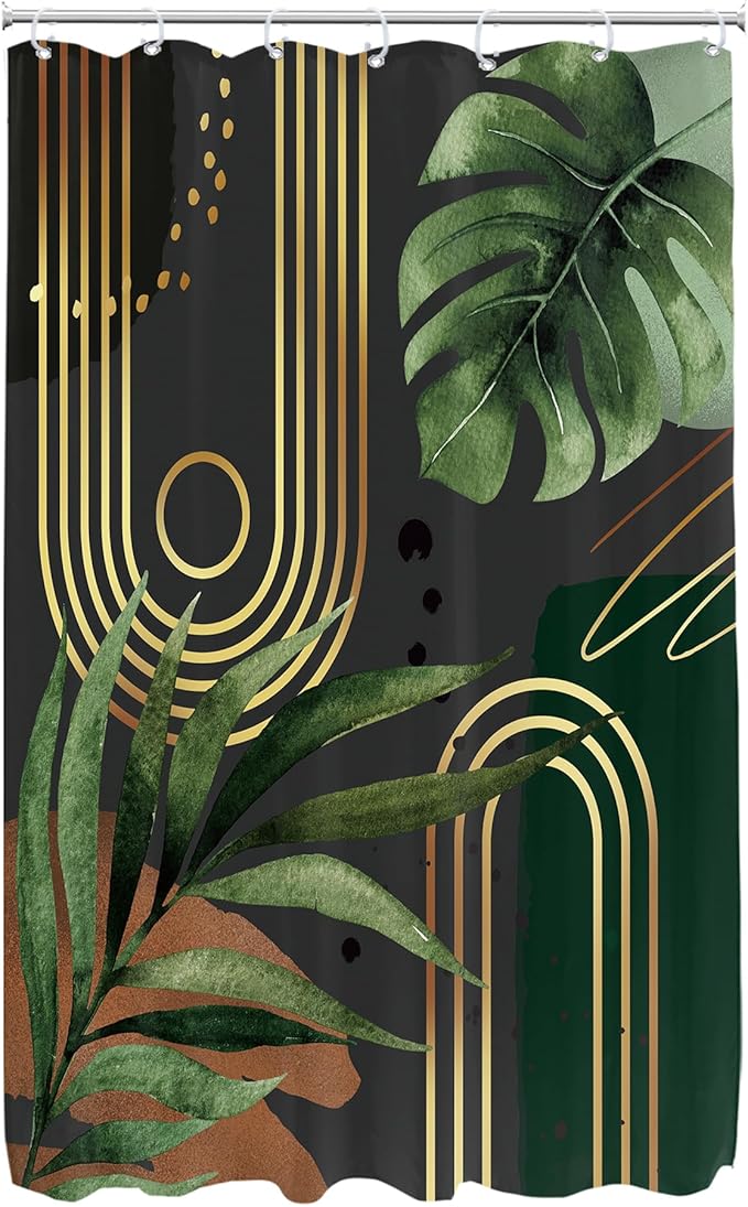 Glawry Dark Green Gold Boho Mid Century Shower Curtain Small Stall RV Narrow Abstract Minimalist Geometric Modern Leaf Bathroom Simple 48Wx72L Inches Bath Accessories Art Home Decor Fabric 8 Pack Hook
