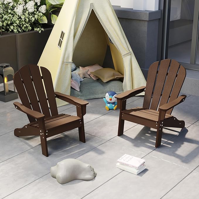 Giantex HDPE Kids Adirondack Chair - All-Weather Lawn Toddler Chair with Ergonomic Design, Children’s Outdoor Chair for Toddlers Ages 3-8, Kid’s Patio Furniture for Deck, Garden (4, Brown)