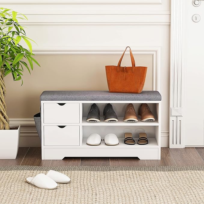 WelFurGeer Shoe Bench with Cushion, Entryway Bench with Storage, Shoe Bench Entryway with Storage, Shoe Rack with Bench White