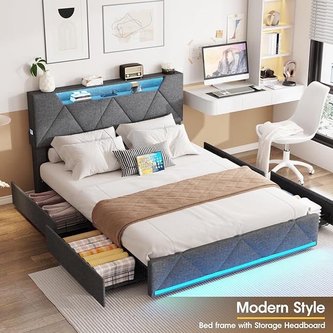 Vabches Queen Bed Frame with Storage Headboard and 4 Drawers,Upholstered Platform with Charging Station and Led Lights,Adjustable Headboard,No Box Spring Needed,Dark Grey