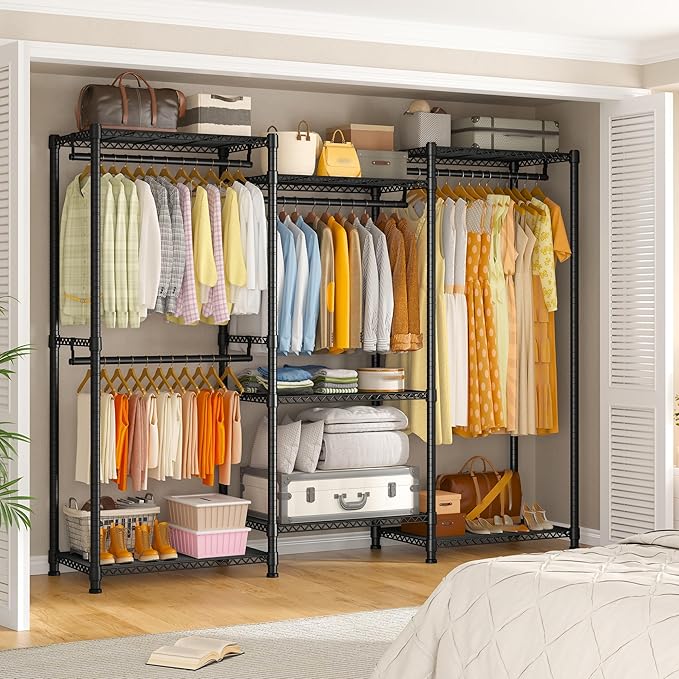 Raybee Clothes Rack Load 900Lbs, Heavy Duty Clothing Rack for Hanging Clothes Freestanding Garment Rack 77" H x 69'' W x 16'' D,Black
