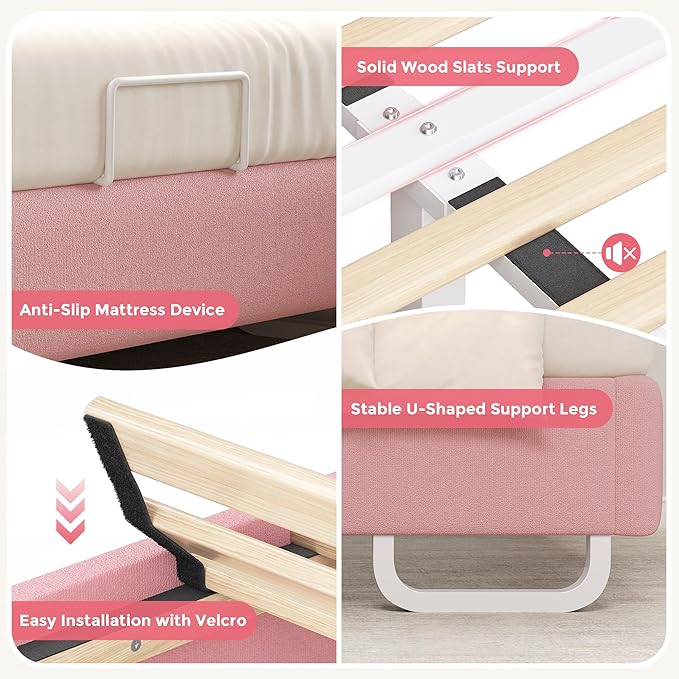 Full Size Upholstered Bed Frame with LED Lights, Girls Bed with Adjustable Chic Double Headboard, Boucle Princess Platform Bed for Girls, Solid Wood Slats Support, No Box Spring Needed, Pink