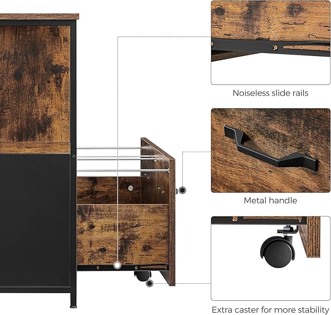 VASAGLE Lateral File Cabinet for Home Office, Filing Cabinet with Open Shelves and Drawer, for A4, Letter and Legal Sized Documents, Printer Stand, Rustic Brown and Ink Black UOFC043B01