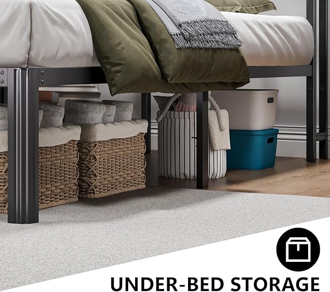 Queen Size Bed Frame - Storage Headboard with Charging Station & Galaxy Aurora Projector, 14 Inch Sturdy Metal Platform Bed Frame No Box Spring Needed, Easy Assembly, No Noise, Brown