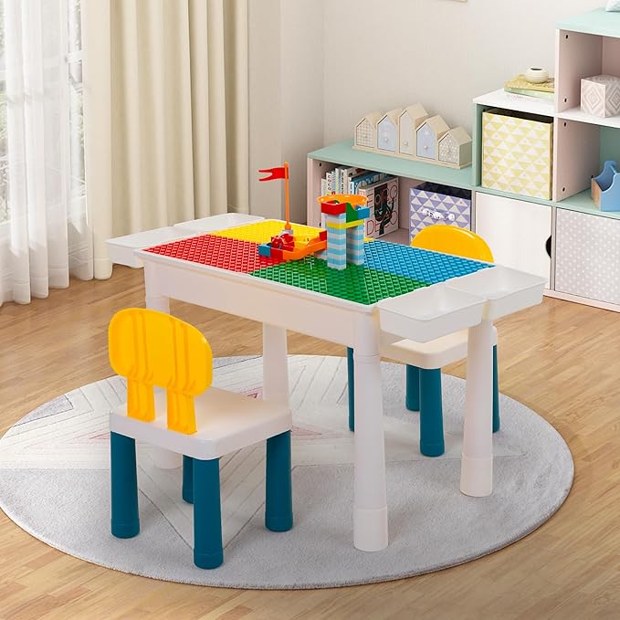 Sandinrayli 7 - in - 1 Kids Activity Table Set with 2 Chairs & 100Pcs Blocks | Water/Sand Play Table for Toddler Age 3-6 (Primary)