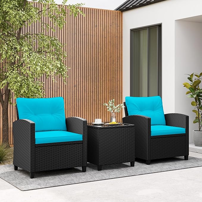 Tangkula 3 Piece Patio Furniture, Rattan Conversation Set w/Soft Seat & Back Cushions, Tempered Glass Topped Coffee Table, Cushioned Wicker Seating Set for Backyard, Porch, Poolside