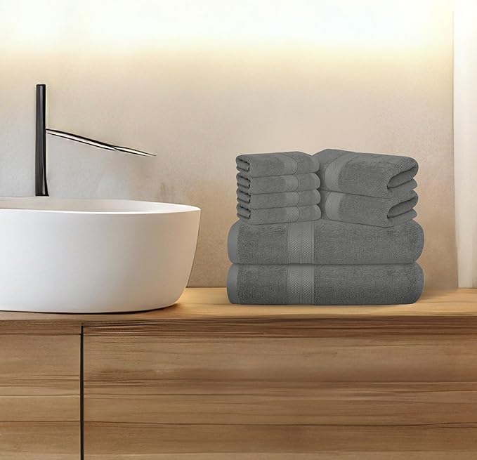 Avalon Towels Luxury 8 Piece Towels Set, 2 Bath Towels, 2 Hand Towels and 4 Washcloths, 600 GSM 100% Ring Spun Cotton Highly Absorbent Bathroom Towel Set, Ideal for Hotel, Spa and Gym (Grey)