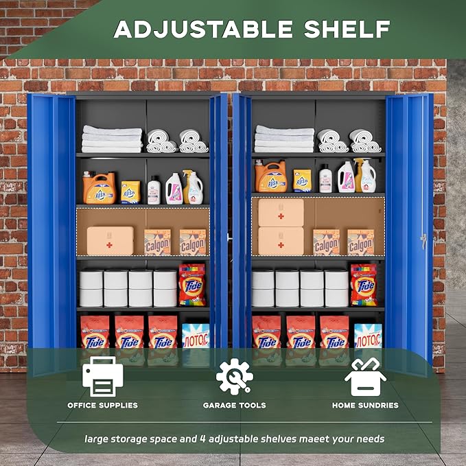 Greenvelly Metal Garage Storage Cabinet with Doors and Adjustable Shelves,72" Steel Lockable File Cabinet for Home Office,Garage,School(Black Blue,36" W x 18" D)