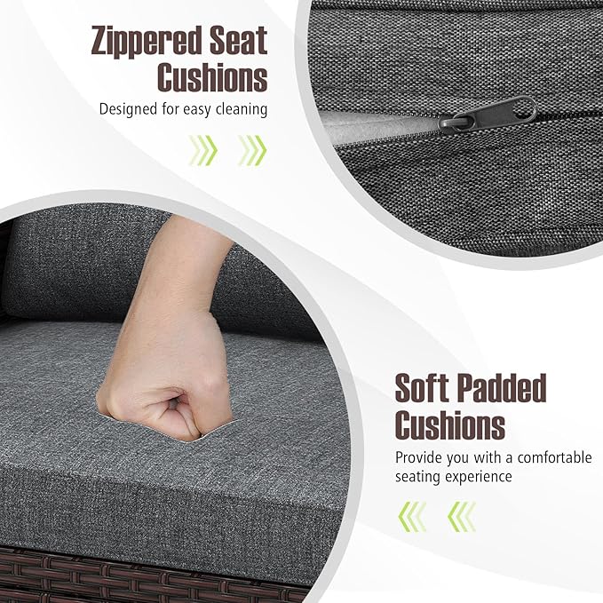 Tangkula 3 Pieces Patio Furniture Set, PE Rattan Wicker 3 Pcs Outdoor Sofa Set w/Washable Cushion and Tempered Glass Tabletop, Conversation Furniture for Garden Poolside Balcony (Grey)