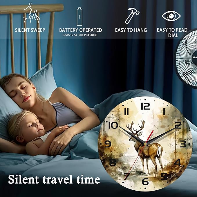 Wall Clock, 10 Inch Silent Non-Ticking Home Kitchen Decor, Battery Operated for Bathroom Bedroom Living Room Office(Forest Deer)
